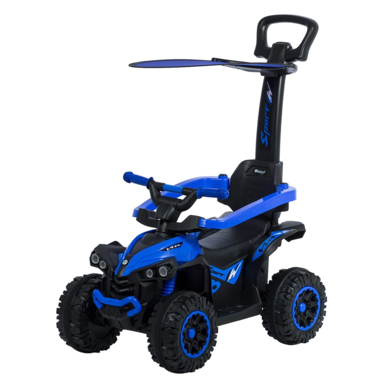 Buggy azul carrito de empuje de llantas grandes y techo. bluetooth tiene luces y sonido