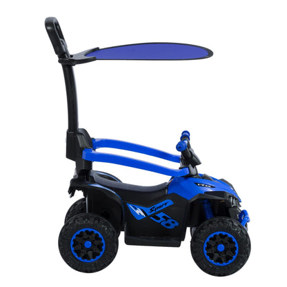 Buggy azul carrito de empuje de llantas grandes y techo. bluetooth tiene luces y sonido