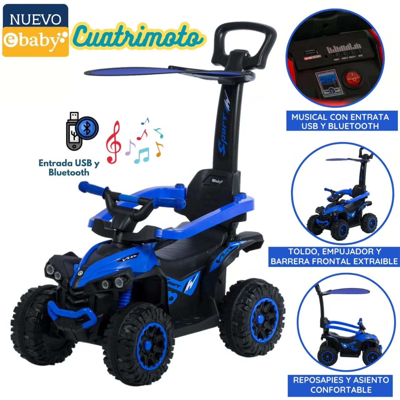 Buggy azul carrito de empuje de llantas grandes y techo. bluetooth tiene luces y sonido
